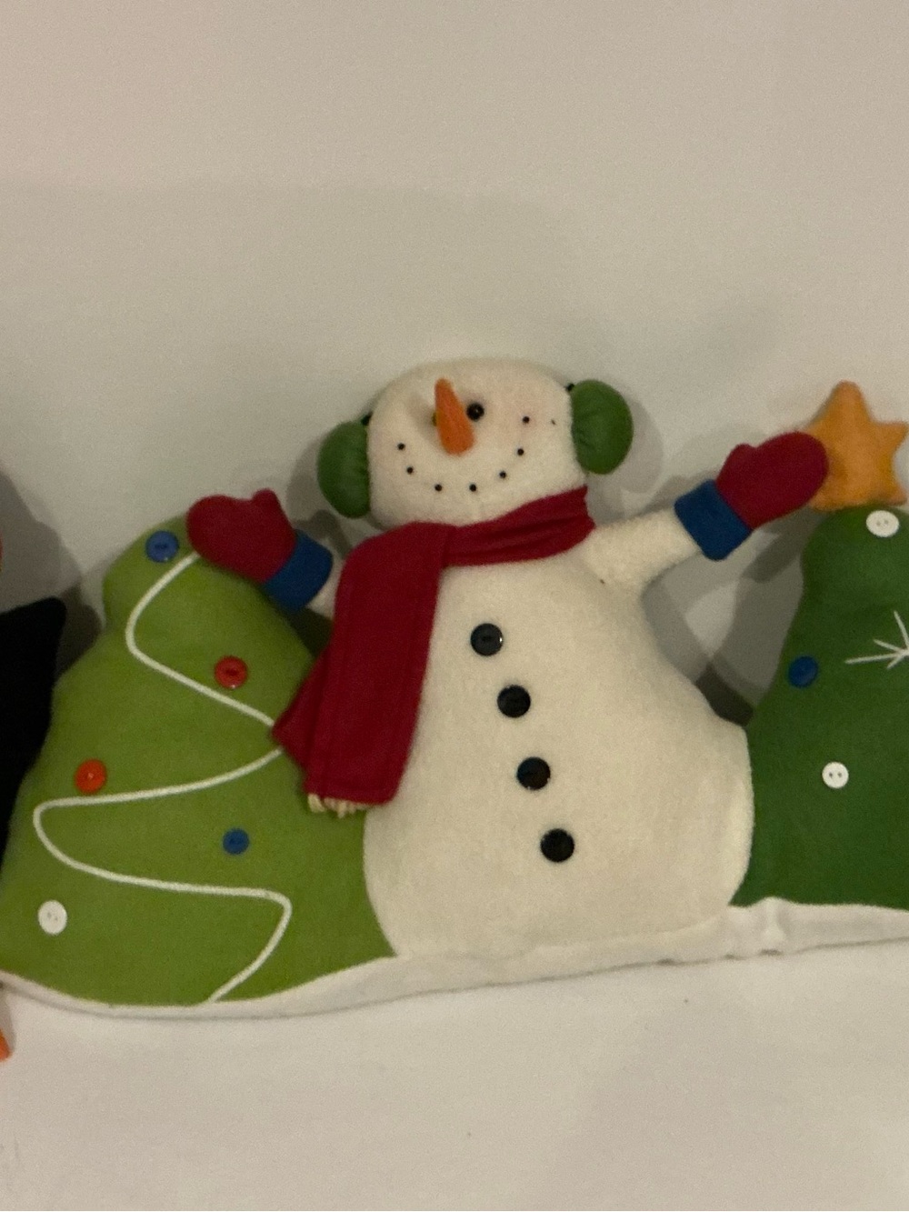 Kohl's White Snowman and friends Plush decor with Red Scarf and Green Accents